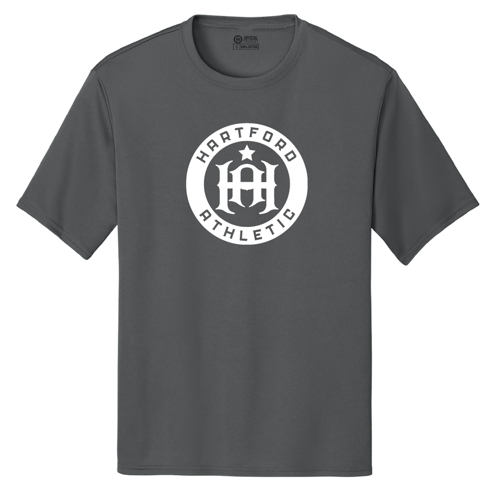 A dark gray crewneck t-shirt featuring a white circular graphic on the chest that reads 'HARTFORD ATHLETIC' around a central monogram logo.