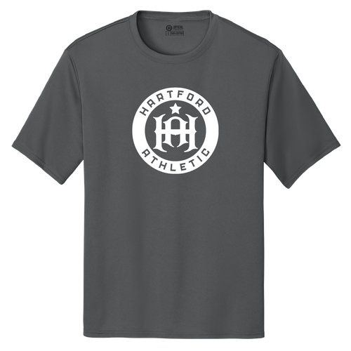 A dark gray crewneck t-shirt featuring a white circular graphic on the chest that reads 'HARTFORD ATHLETIC' around a central monogram logo.