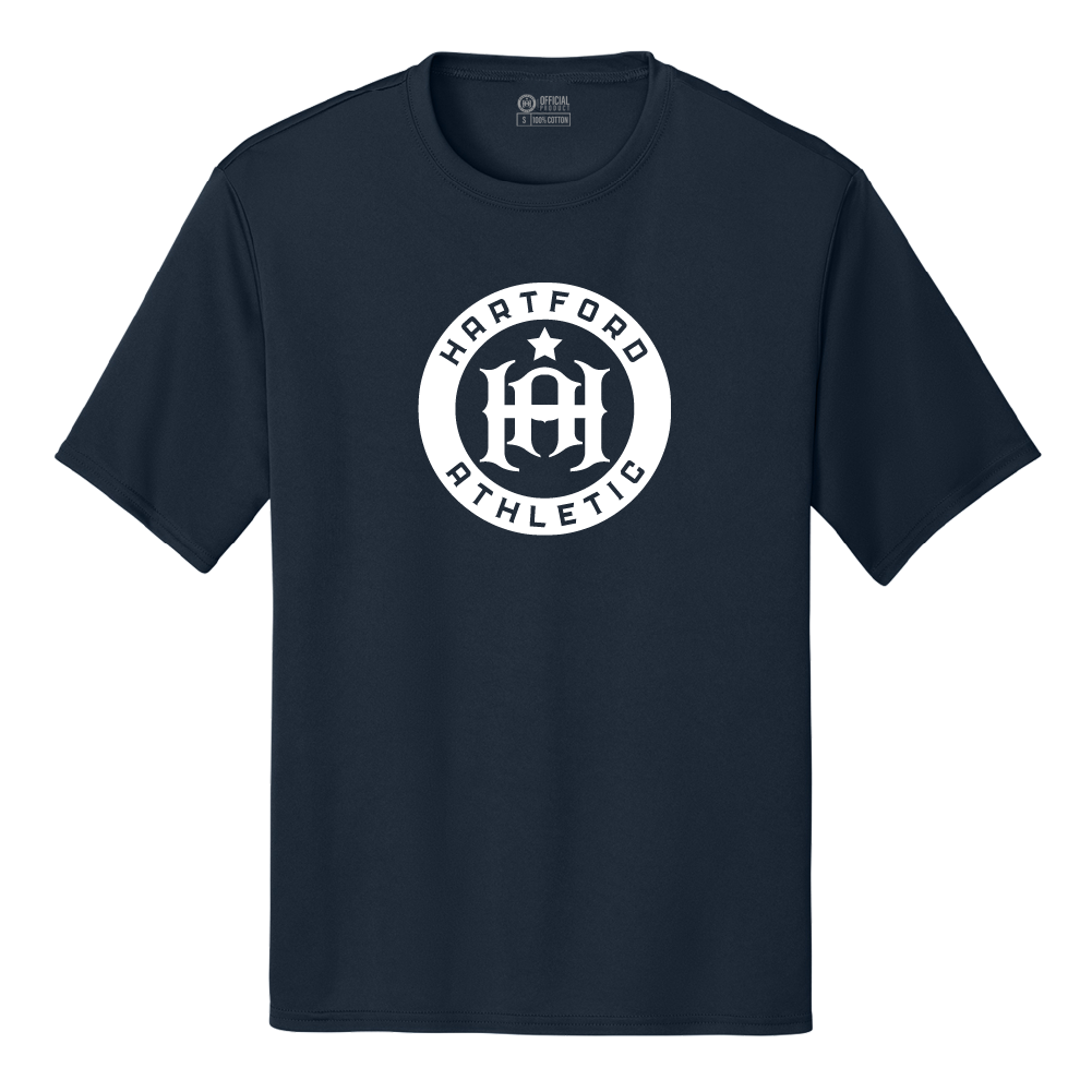 A navy blue short-sleeve crewneck t-shirt with a white circular graphic on the chest reading 'HARTFORD ATHLETIC' around a central crest, shown on a plain white background.