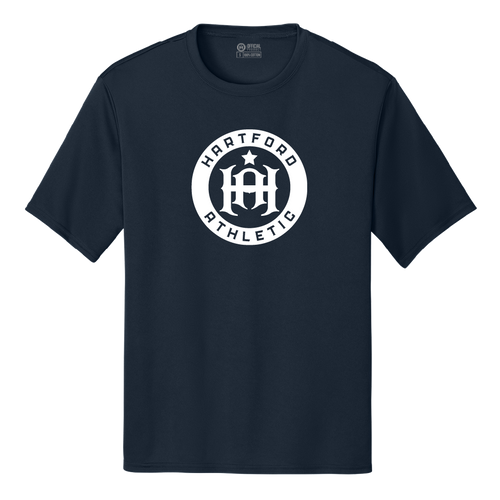 A navy blue short-sleeve crewneck t-shirt with a white circular graphic on the chest reading 'HARTFORD ATHLETIC' around a central crest, shown on a plain white background.