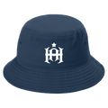 Navy bucket hat with a white logo on a white background