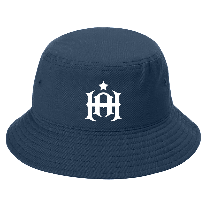 Navy bucket hat with a white logo on a white background