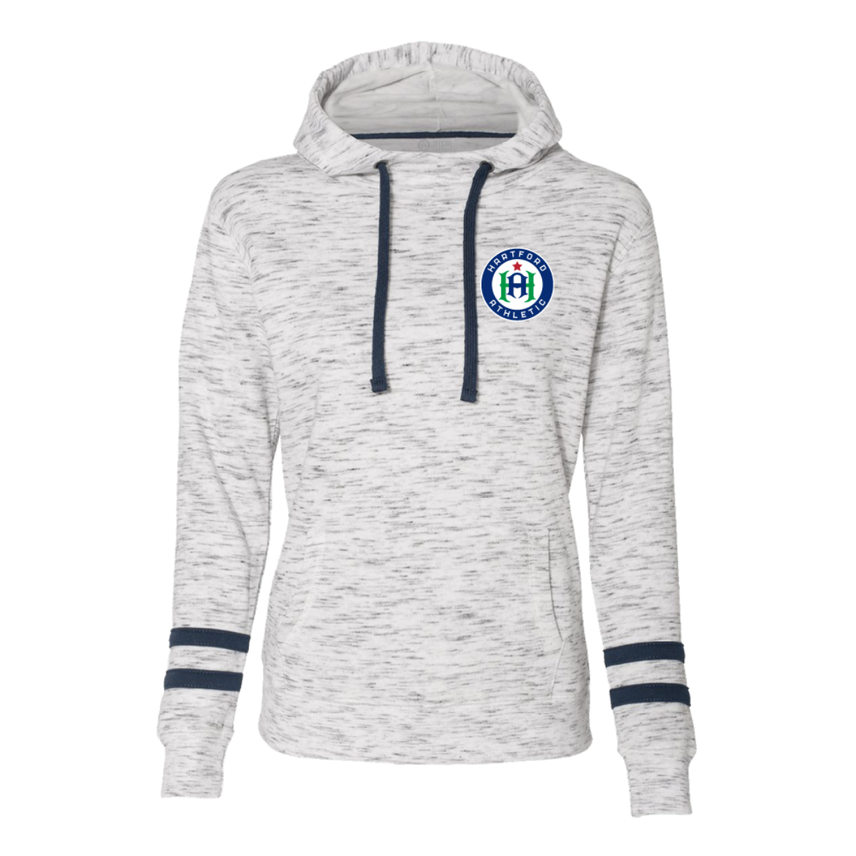 Hartford Athletic Womens Embroidered Signature Crest Striped-Sleeve Hoodie Navy
