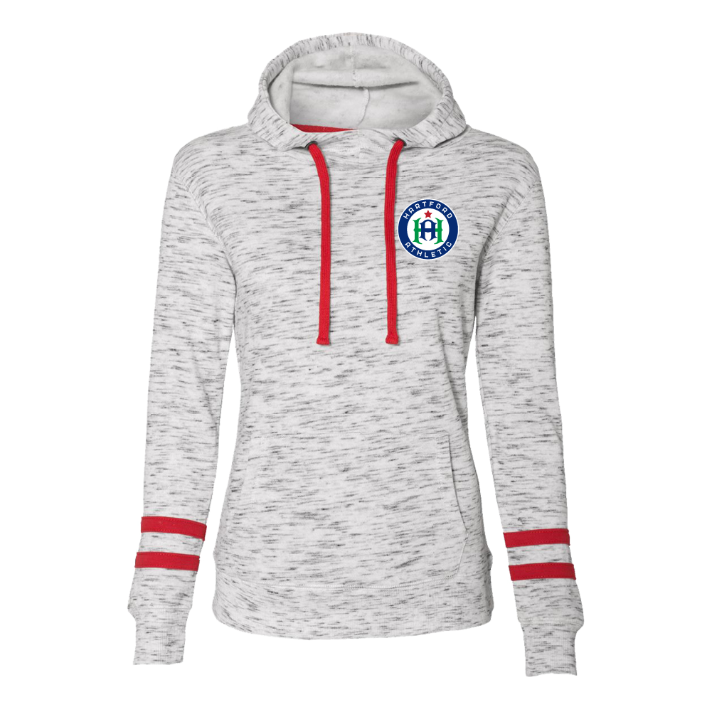 Hartford Athletic Womens Embroidered Signature Crest Striped-Sleeve Hoodie Red