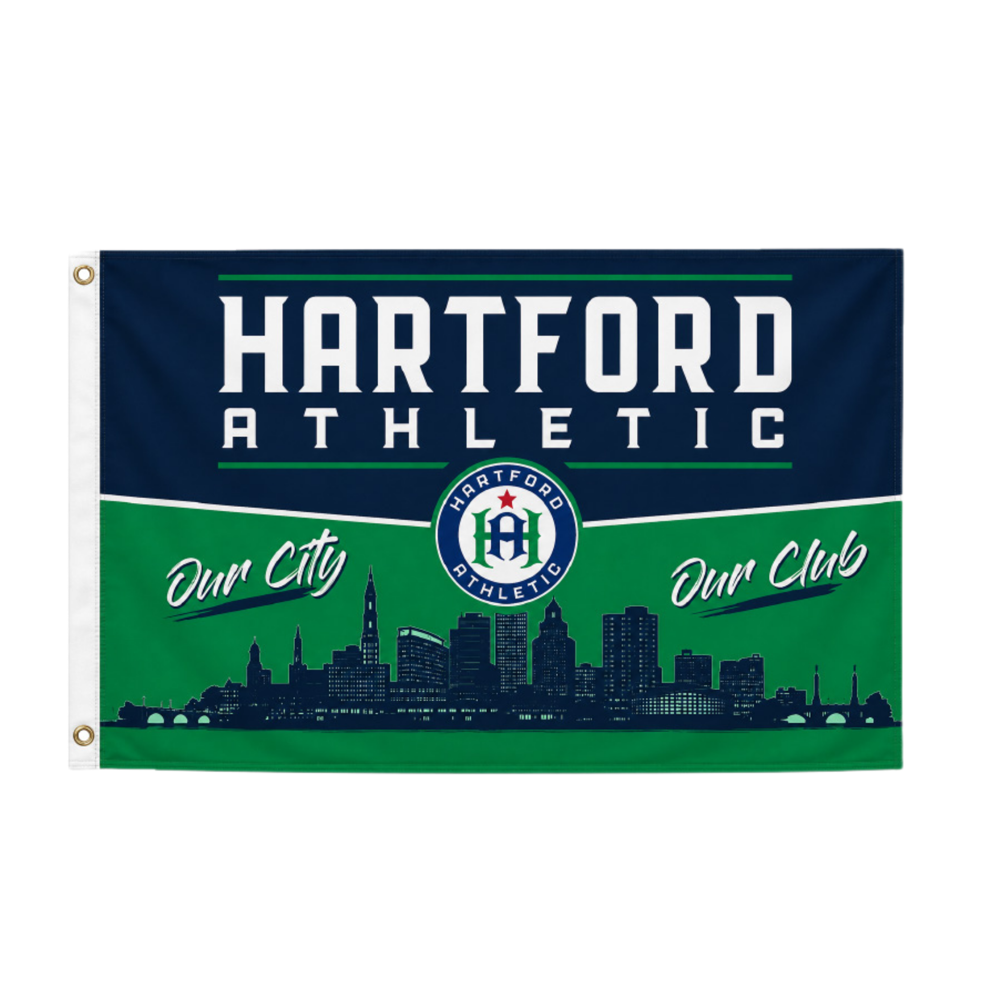 A Hartford Athletic flag featuring a navy blue top section with white lettering, a green bottom section with a dark navy skyline silhouette, and the team logo in the center.