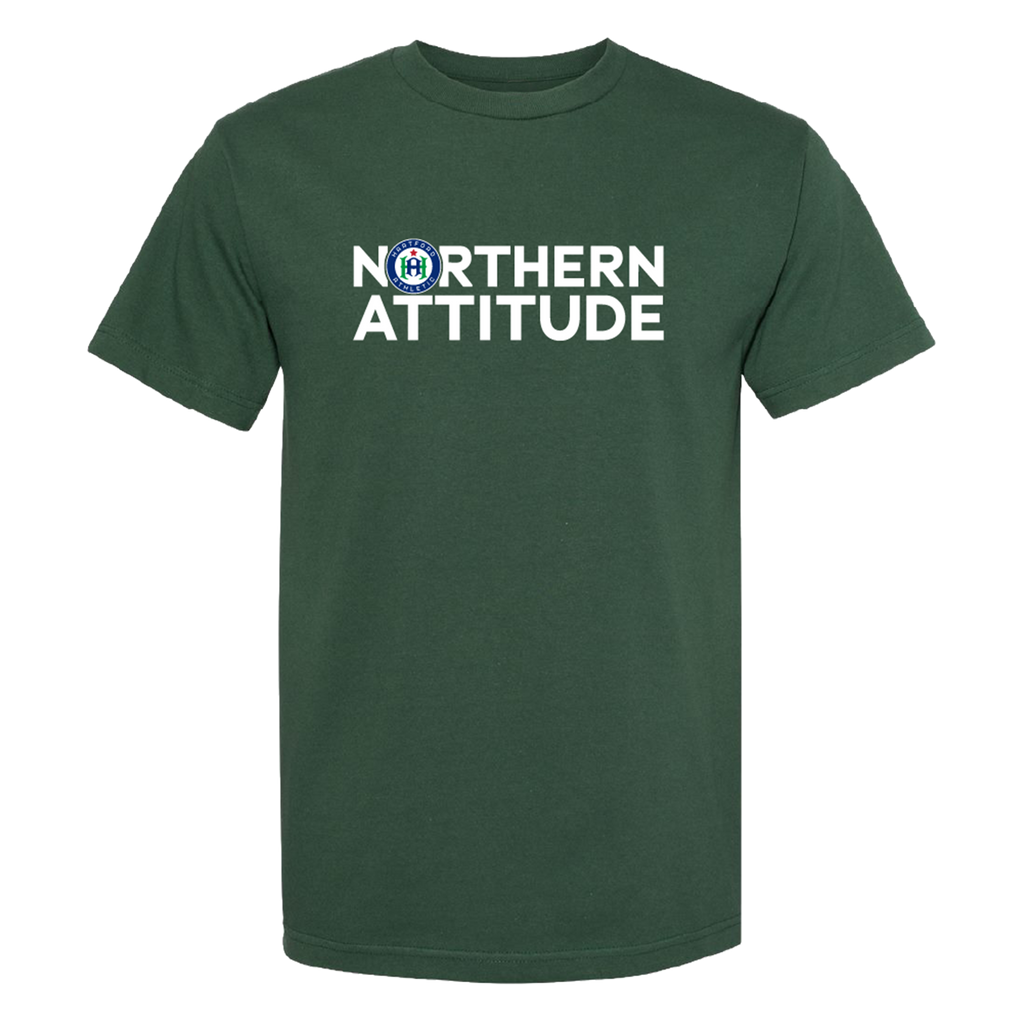 A dark green short-sleeve crewneck t-shirt with 'NORTHERN ATTITUDE' printed in white across the chest, featuring a circular blue and white logo in the letter 'O'.