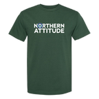 A dark green short-sleeve crewneck t-shirt with 'NORTHERN ATTITUDE' printed in white across the chest, featuring a circular blue and white logo in the letter 'O'.