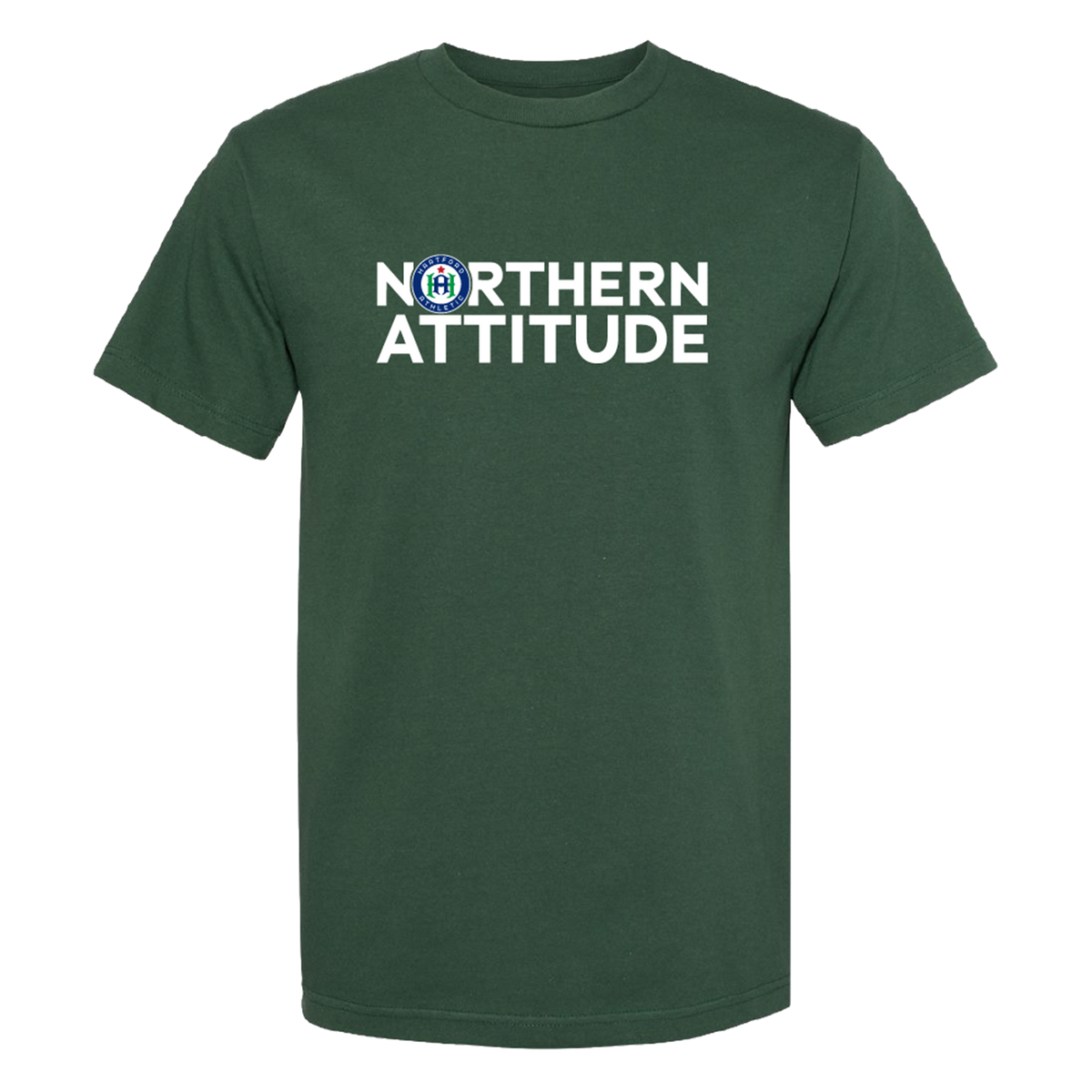 A dark green short-sleeve crewneck t-shirt with 'NORTHERN ATTITUDE' printed in white across the chest, featuring a circular blue and white logo in the letter 'O'.