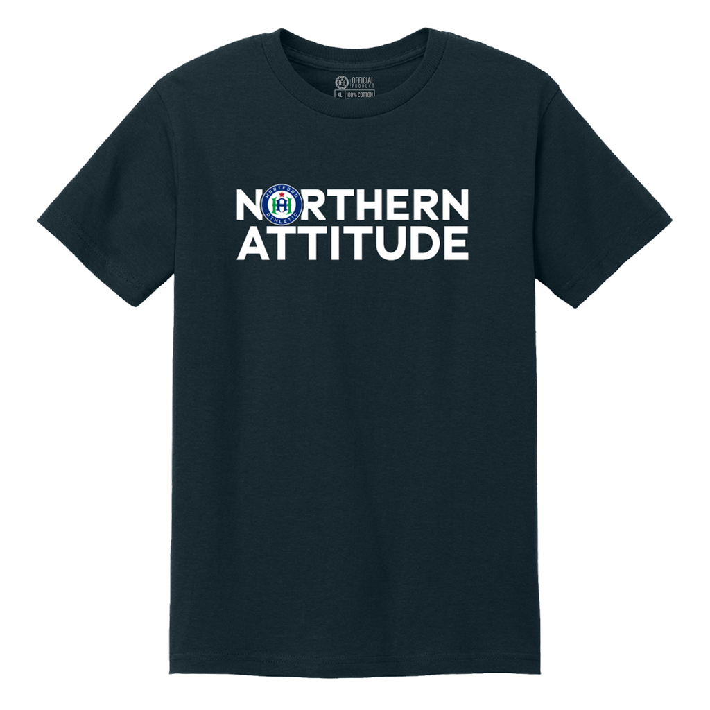 A dark navy blue short-sleeve t-shirt with a white graphic print on the chest reading 'NORTHERN ATTITUDE' alongside a circular blue and white logo, displayed on a clean white background.