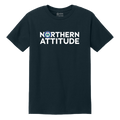 A dark navy blue short-sleeve t-shirt with a white graphic print on the chest reading 'NORTHERN ATTITUDE' alongside a circular blue and white logo, displayed on a clean white background.