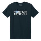 A dark navy blue short-sleeve t-shirt with a white graphic print on the chest reading 'NORTHERN ATTITUDE' alongside a circular blue and white logo, displayed on a clean white background.