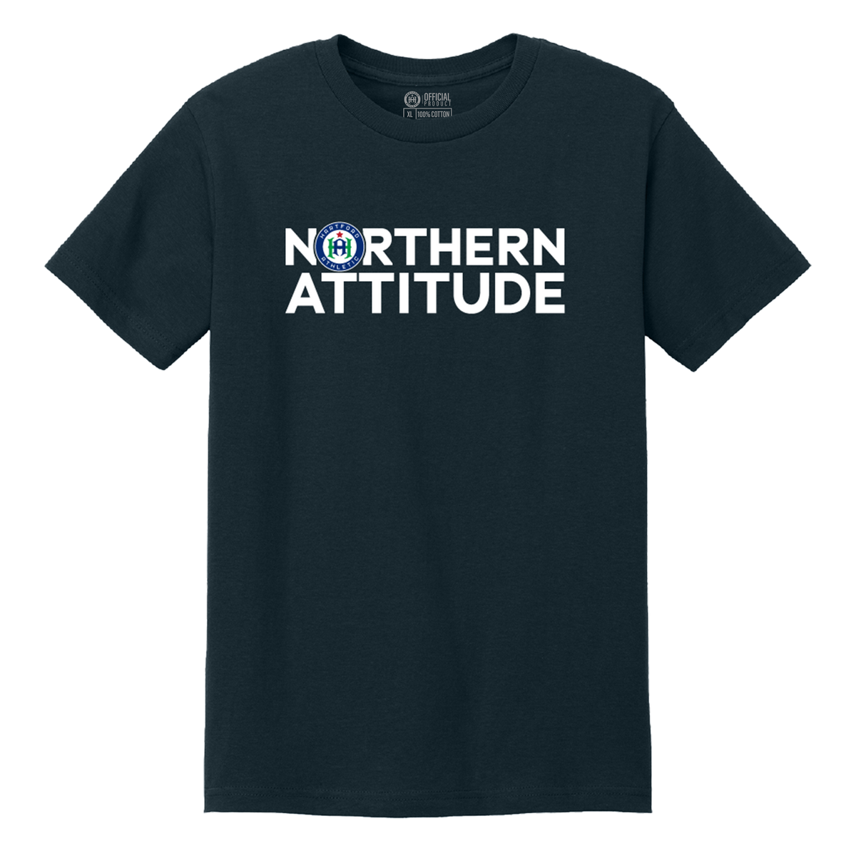 A dark navy blue short-sleeve t-shirt with a white graphic print on the chest reading 'NORTHERN ATTITUDE' alongside a circular blue and white logo, displayed on a clean white background.