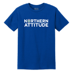 A royal blue short-sleeve crewneck t-shirt with 'NORTHERN ATTITUDE' printed in bold white letters across the chest, featuring a circular seal with an 'H' in the center of the word 'NORTHERN'.