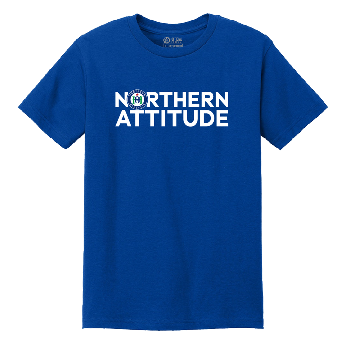 A royal blue short-sleeve crewneck t-shirt with 'NORTHERN ATTITUDE' printed in bold white letters across the chest, featuring a circular seal with an 'H' in the center of the word 'NORTHERN'.