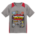 A kids' short-sleeve raglan t-shirt in heather gray, featuring red shoulder and side panels, and a large 'Hartford Athletic' soccer graphic on the front with comic-style text and illustrations.