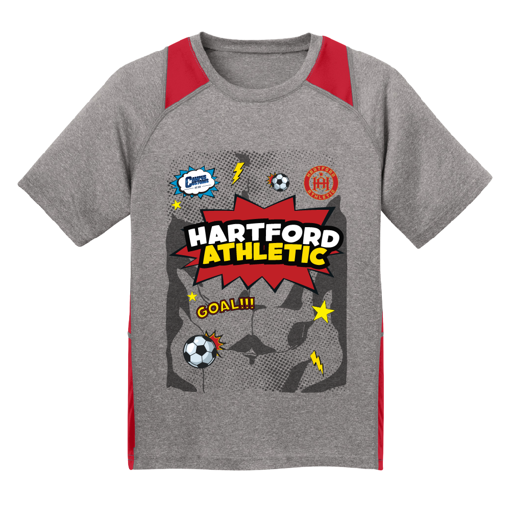 A kids' short-sleeve raglan t-shirt in heather gray, featuring red shoulder and side panels, and a large 'Hartford Athletic' soccer graphic on the front with comic-style text and illustrations.