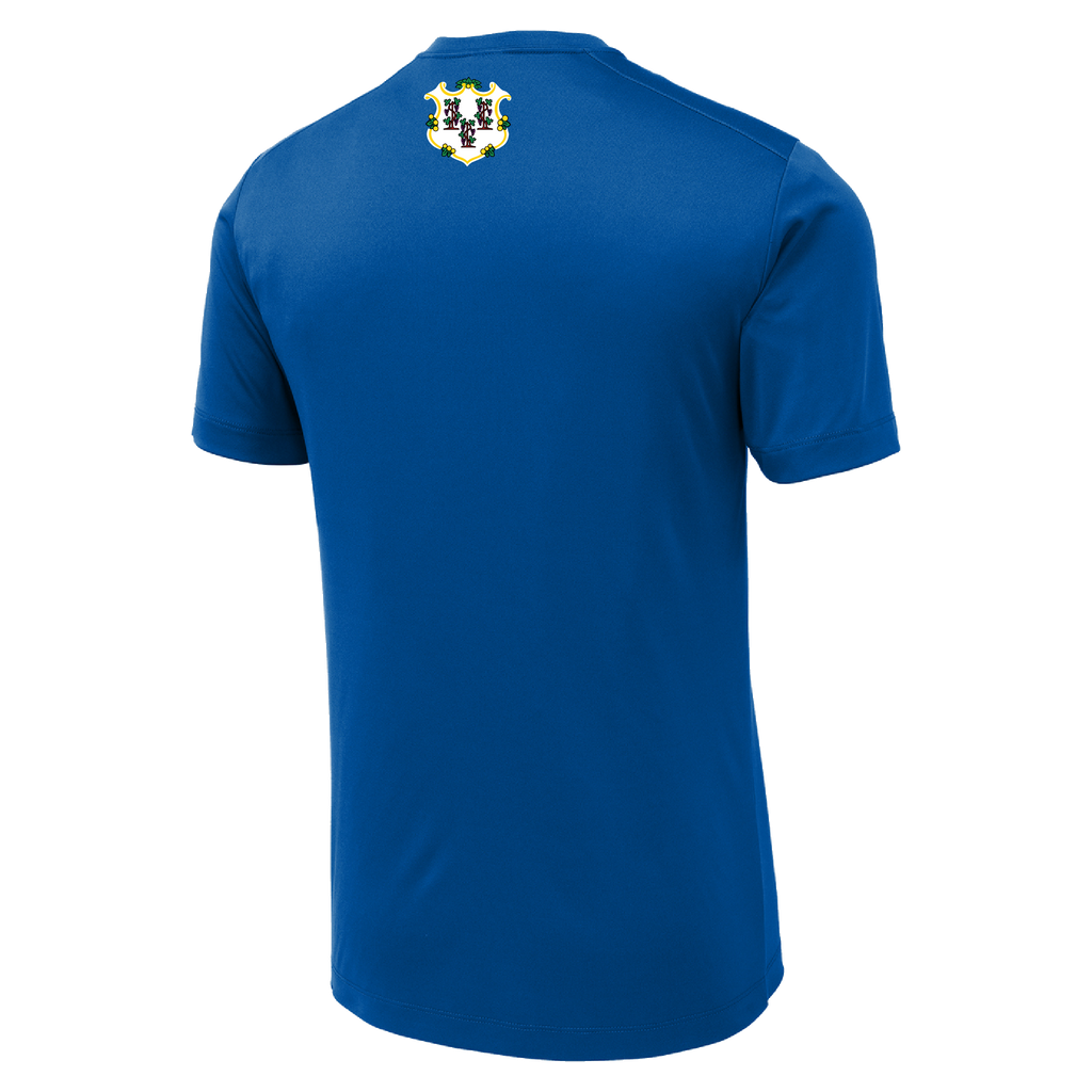 A royal blue short-sleeve athletic t-shirt shown from the back, featuring a small crest graphic printed at the upper center back.