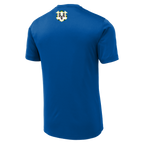 A royal blue short-sleeve athletic t-shirt shown from the back, featuring a small crest graphic printed at the upper center back.