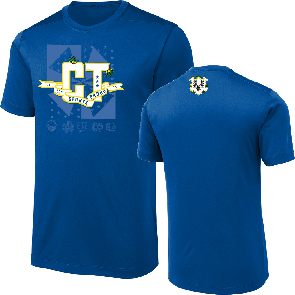A royal blue short-sleeve athletic t-shirt shown from both front and back. The front features a large 'CT' graphic with 'CT SPORTS' on a banner.
