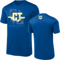A royal blue short-sleeve athletic t-shirt shown from both front and back. The front features a large 'CT' graphic with 'CT SPORTS' on a banner.