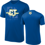 A royal blue short-sleeve athletic t-shirt shown from both front and back. The front features a large 'CT' graphic with 'CT SPORTS' on a banner.