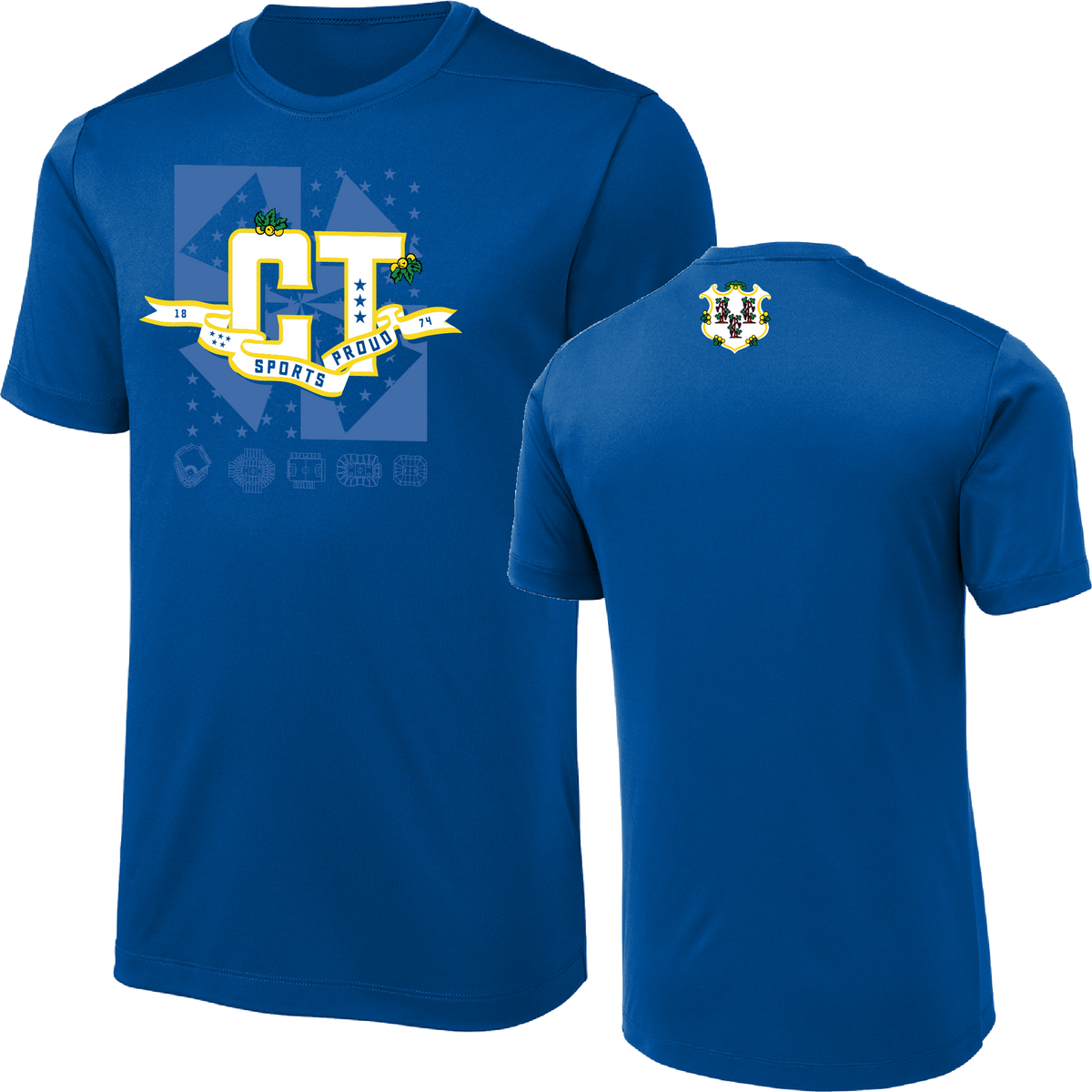 A royal blue short-sleeve athletic t-shirt shown from both front and back. The front features a large 'CT' graphic with 'CT SPORTS' on a banner.