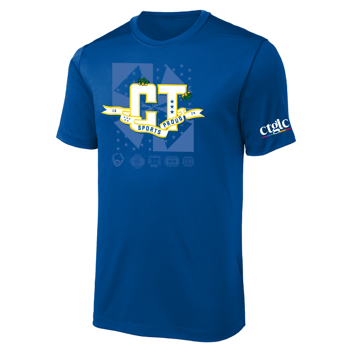 A royal blue short-sleeve athletic t-shirt featuring a 'CT Sports Proud' graphic.