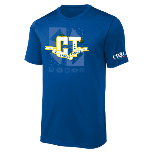 A royal blue short-sleeve athletic t-shirt featuring a 'CT Sports Proud' graphic.